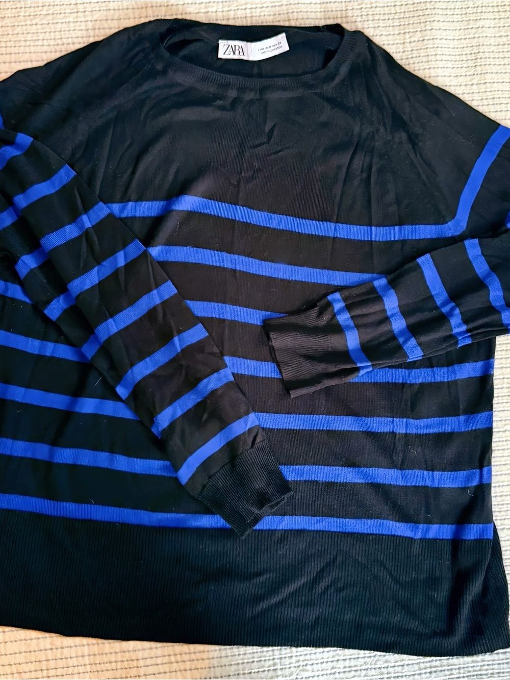 ZARA Black Sweater with Blue Stripes - Crew Neck
